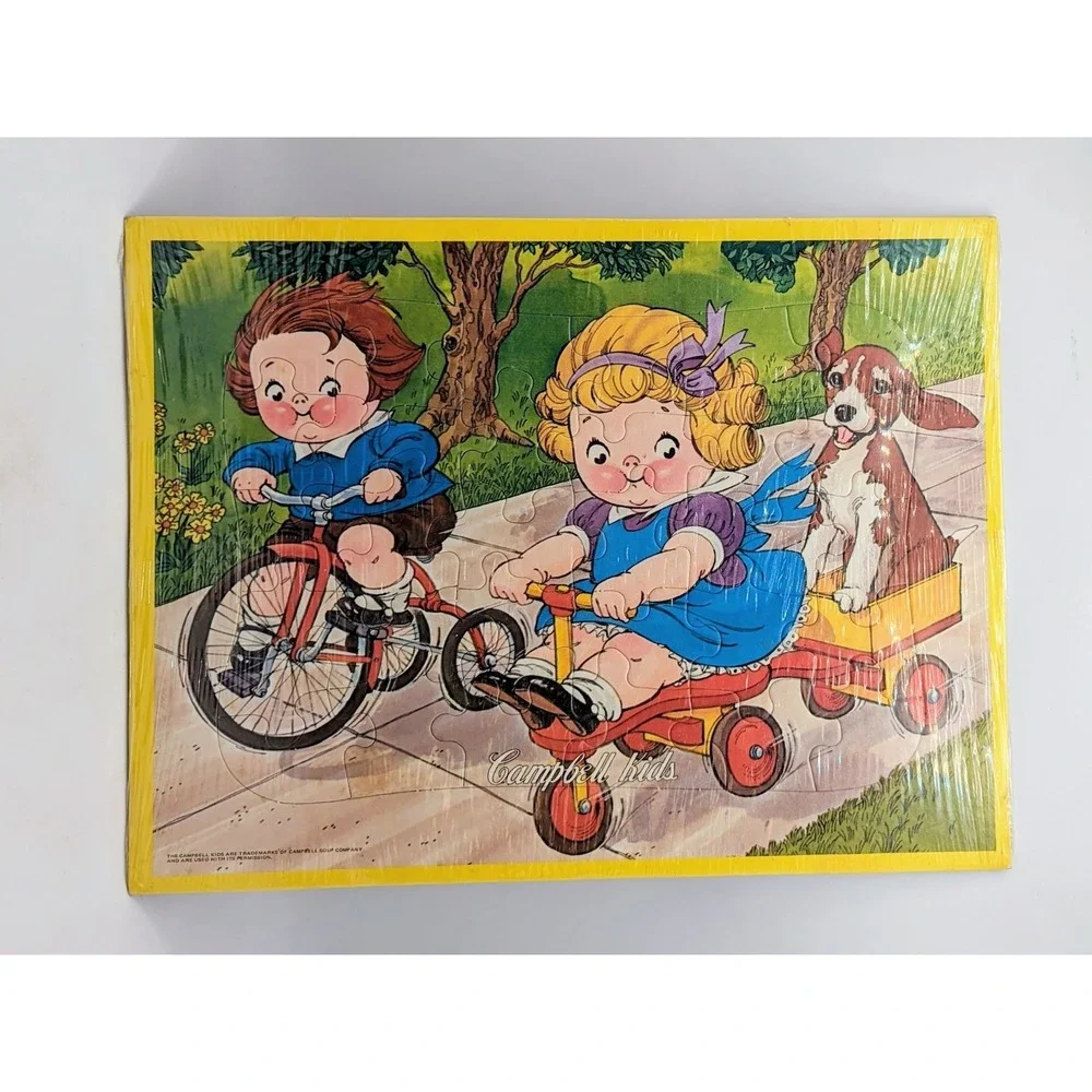 Campbell Kids Gym Tray Puzzle Girl Boy Dog Riding Bikes 12.5 x 9.5